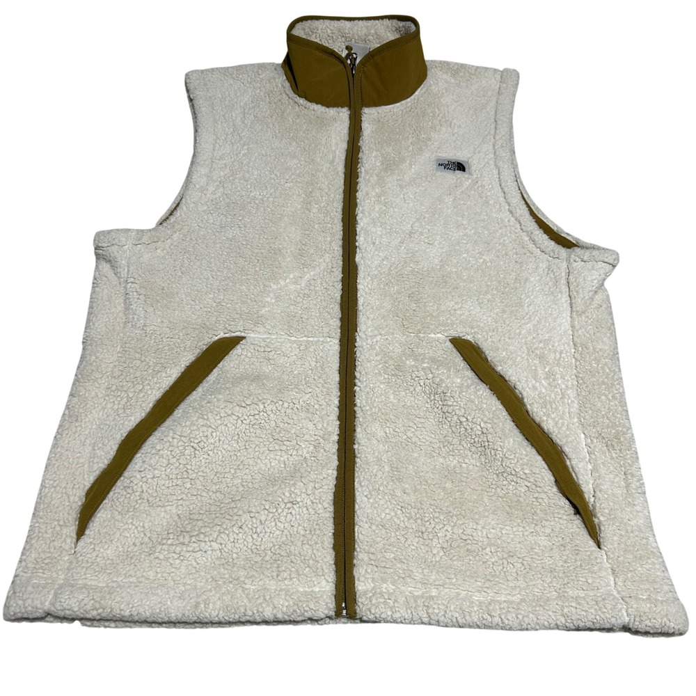 The North Face Sherpa Fleece Vest Mens Large Cream & Brown Trim Full Zip